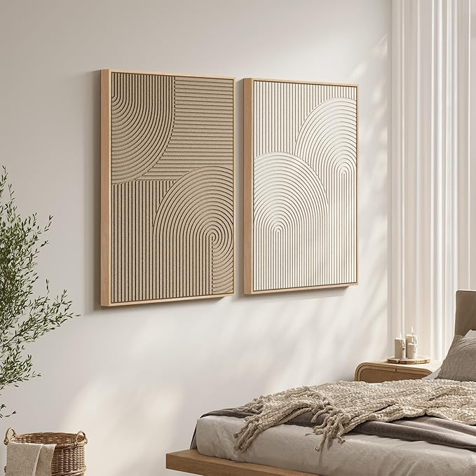 Large 3D Textured Framed Neutral Abstract Wall Art Set, 2 Piece Modern Minimalist Paintings Artwork for Walls, Beige Brown Geometric Line Pictures for Living Room Bedroom Hallway Wall Decor 24x36 In