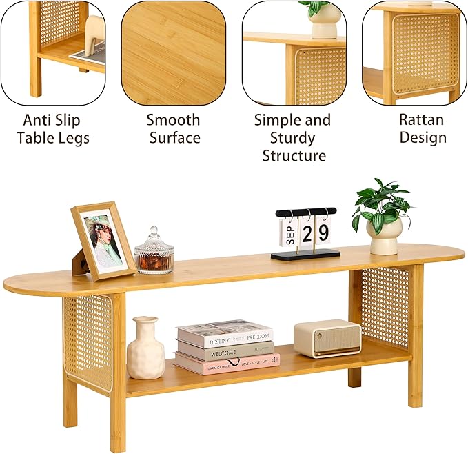 Bamboo TV Stand for TVs up to 65", Accent Entertainment Center with Storage, Media Console Table with Rattan, Modern TV Stand for Living Room, Bedroom, 55"(L), Burlywood