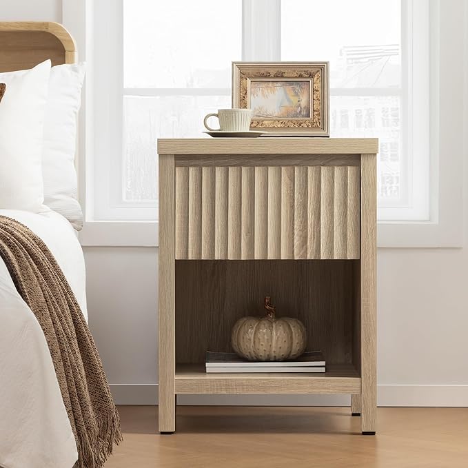 SICOTAS Fluted Night Stand Set of 2, Farmhouse Nightstands with Drawer, Boho Bedside Table with Storage Shelf, Large End Tables Bed Side Tables for Bedroom, Light Oak