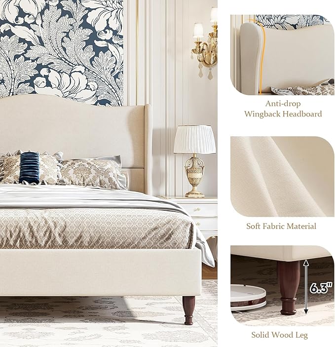 koorlian Full Size Bed Frame Upholstered Platform Bed with 51" Tall Headboard Wingback, Soft Fabric, Retro Simple Style Platform Bed No Box Spring Needed, Easy Assembly, Beige