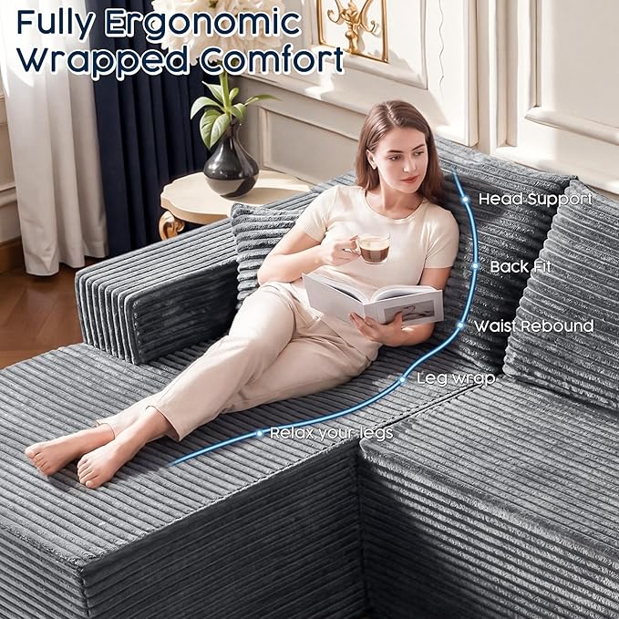 Grey Modular Sectional Couch with 108" L-Shape Chaise, Deep Seat Corduroy Sofa Plush Fabric Cloud-Like Couches for Living Room, No Assembly Modern Minimalist Furniture (Right Facing Chaise)