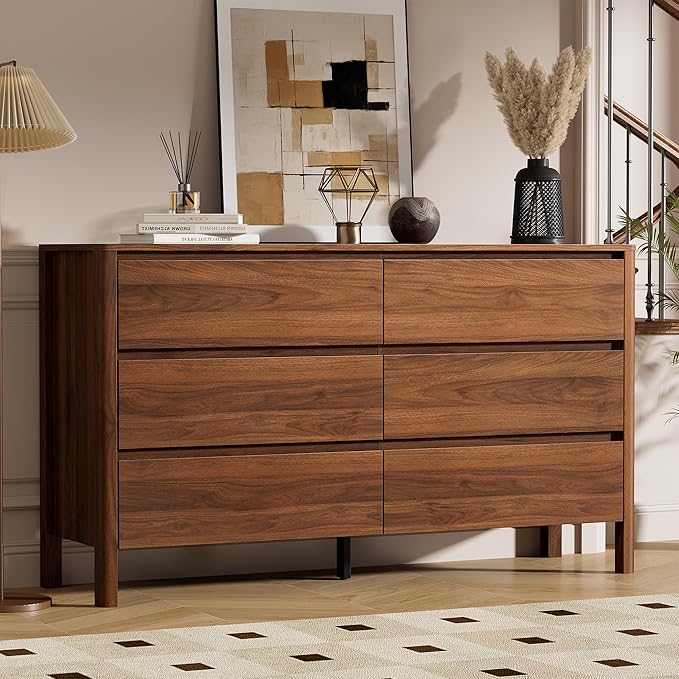 Furniway 55" Mid-Century Modern Dresser for Bedroom, 6 Drawer Wide Chest of Drawers with Solid Wood Legs, Large Storage Bedroom Dresser, Walnut