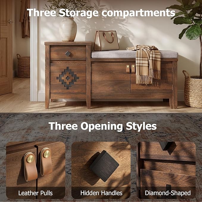 Entryway Bench with Storage, 3 in 1 Storage Bench with 1 Drawer and 2 Cubbies, 44" Rustic Wooden Seat with Cushion for Living Room, Bedroom, Entry Hall (Walnut)