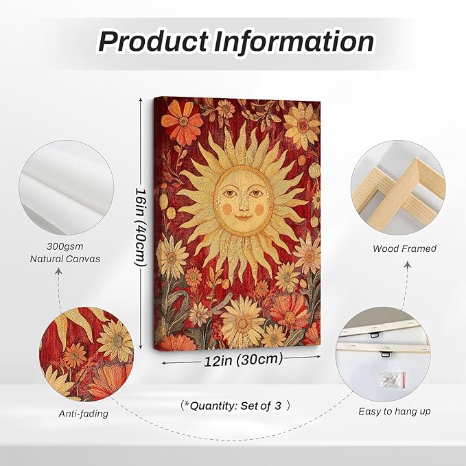 Moon Sun Star Celestial Wall Art Tarot Card Vintage Poster Decor Gothic Witchy Aesthetic Canvas Wall Art Flower Mystical Astrology Painting Dark Academia Poster for Bedroom 12x16x3 Inch Wrapped Canvas