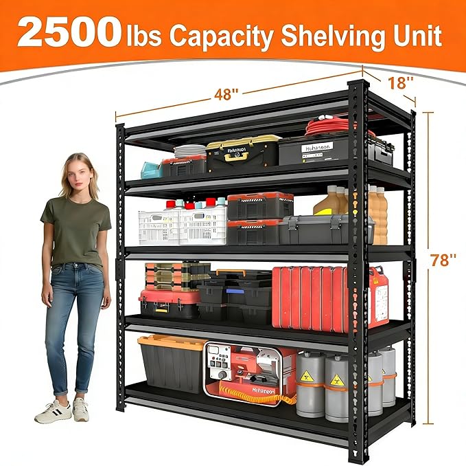 Metal Garage Shelving for Storage - 48'' W 2,500 Lbs Heavy Duty 5 Tier Utility Shelves Freestanding - Adjustable Rack Units for Basement Pantry Kitchen - 48" W x 18" D x 78" H Black