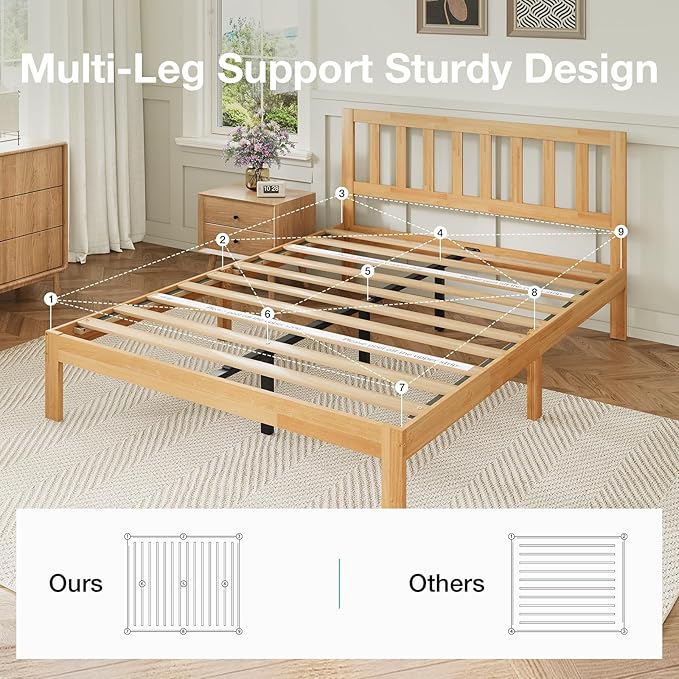 Novilla 12 Inch Full Size Bed Frame Solid Wooden Full Bed Frames with Headboard Wooden Classic Bed Frame Foundation, No Box Spring Needed, Easy Assembly, Natural Grain Wood