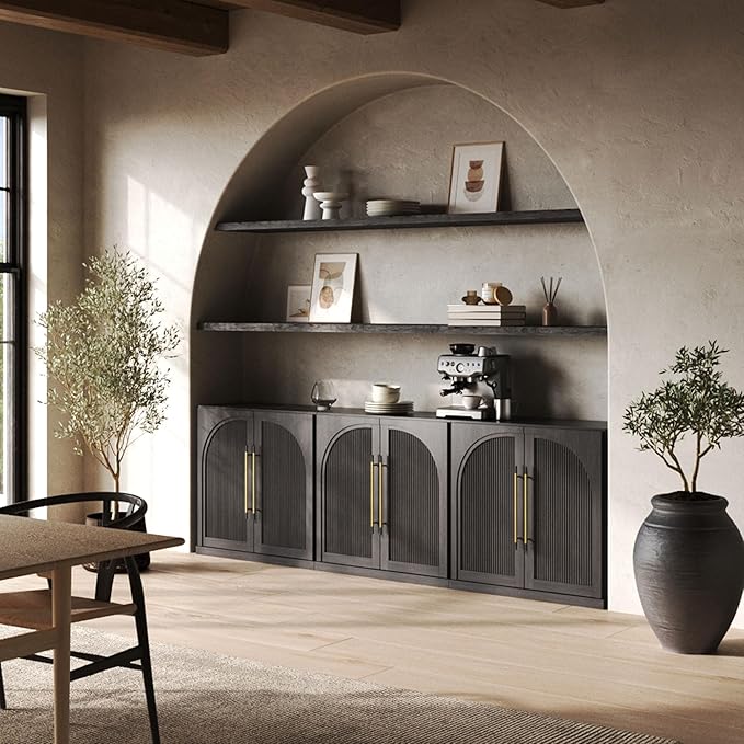 BELLEZE Set of 3 Modular Sideboard with Double-Arc Wood Doors, 97'' Arched Buffet Cabinet with Storage and Adjustable Shelves, Classic Modern Credenza for Dining Room Living Room Entryway (Ebony)