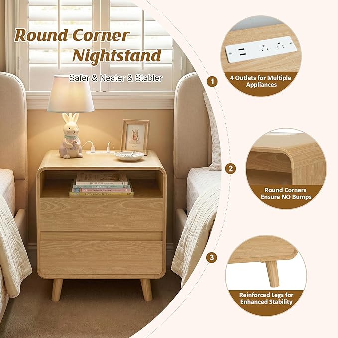 Nasonet Modern Nightstands Set of 2 with Charging Station, Wood End Table Bedroom Nightstands with Drawers, Wide Curved Bedside Table Set 2for Kids Bedroom, Living Room, Oak