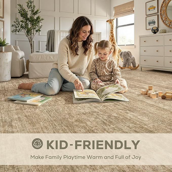 Nakagishi 6x9 Area Rugs Living Room: Washable Large Vintage Rug Neutral Non-Slip Soft Stain Resistant Indoor Carpet for Bedroom Nursery Dining Room Office Playroom - Dark Bown