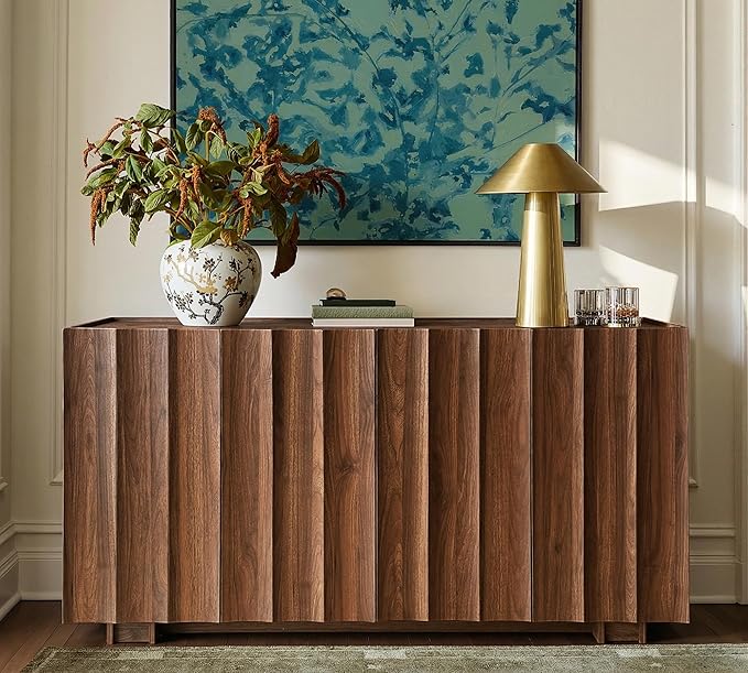 win2win Buffet Cabinet with Storage, Mid Century Modern Sideboard with Wave Design, Wood Grain Finish, Credenza with Adjustable Shelves, Modular Cabinets for Living Dining Room Hallway, Walnut