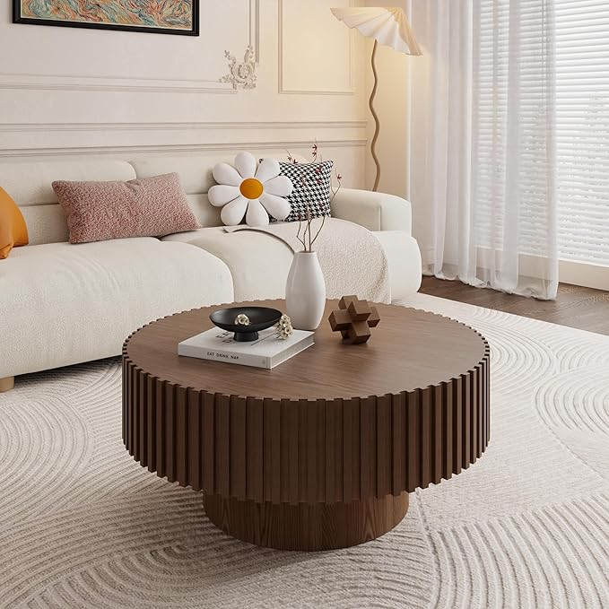 31.49" Walnut Round Coffee Table Wood, Modern Fluted Coffee Table for Living Room, Contemporary Low Circle Center Table Side Table for Small Space, Apartment, Farmhouse, Office, mesa de Cafe