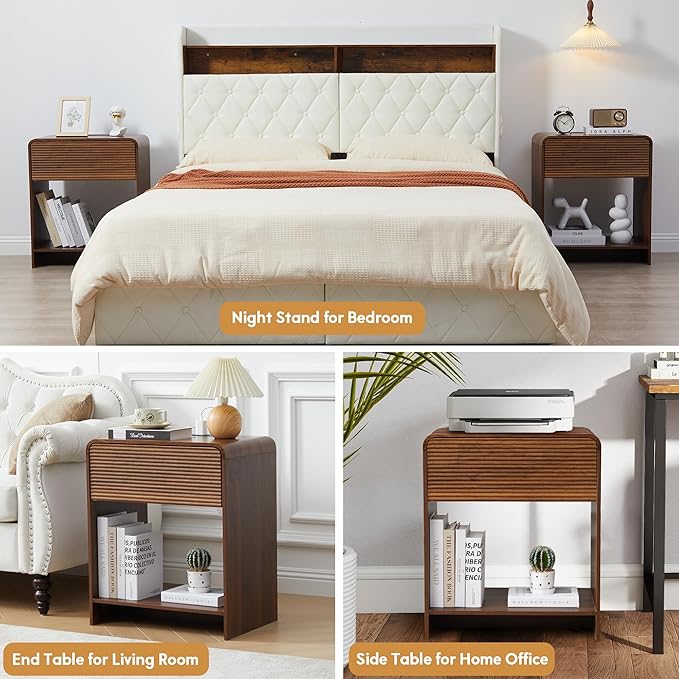 XUZENEST Fluted Nightstand with Charging Station, Mid Century Modern Bed Side Table End Table with Drawer Storage, Large Wooden Night Stands Bedside for Bedroom Living Room Sofa Office, Walnut