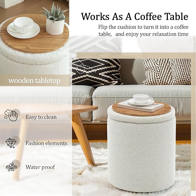 YSICK Round Ottoman with Storage, Set of 2, Small Vanity Stool as Vanity Chair, Sherpa Ottoman Foot Rest for Small Space, Living Room, Bedroom, White
