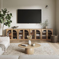 BELLEZE Set of 2 65" Arched Sideboard with Glass Door, Accent Buffet Cabinet with Storage and Adjustable Shelves, Classic Modern Large Console Table for Dining Room Living Room Entryway (Camel)