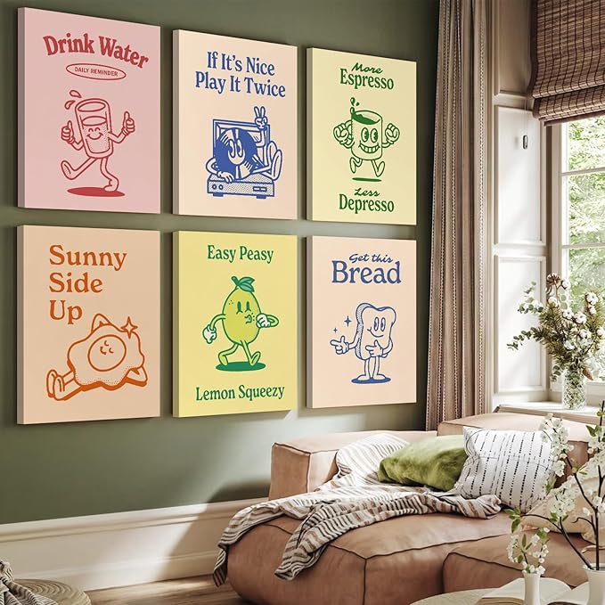 Retro Trendy Wall Art Decor Kitchen Aesthetic Canvas Wall Art Vintage Cute Pictures Funny Posters Retro Pink Prints Vintage Gallery Painting Funky Artwork for Room 12x16 Inch Set of 6 Ready to Hang