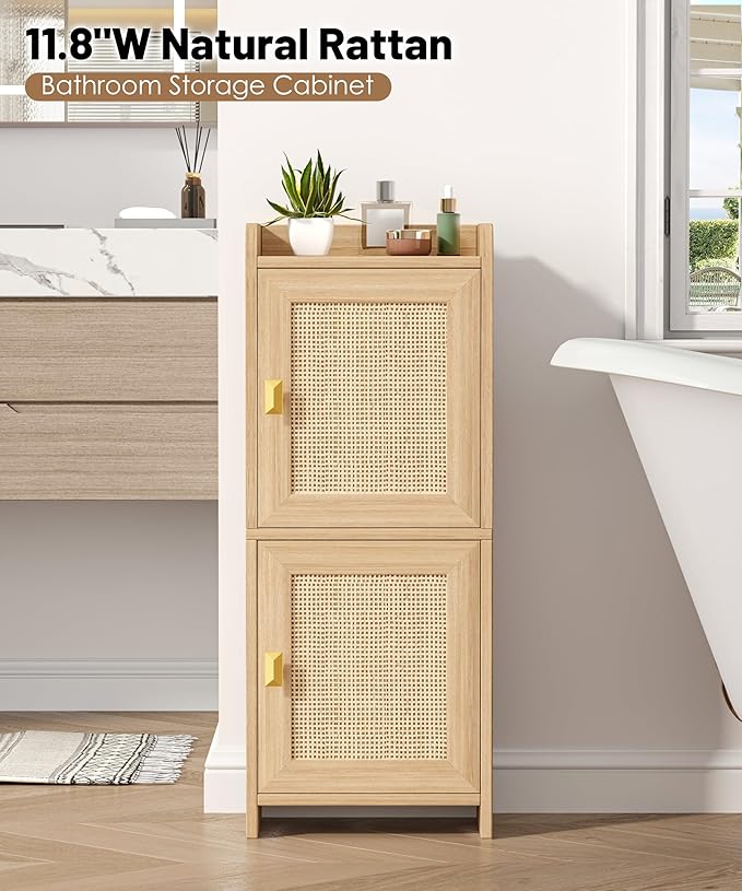 Akxomel Rattan Small Bathroom Cabinet with 2 Doors, 7.9''D x 11.8''W Narrow Toilet Paper Storage Cabinet, Bathroom Organizer for Small Space, Wooden Slim Corner Unit with Adjustable Shelf, Natural Oak
