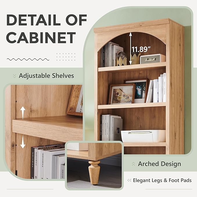 IFGET 76" Tall Arched Bookcase, Farmhouse 5 Tiers Large Arched Bookshelf Cabinet with Adjustable Shelves, Modern Wooden Book Shelf w/Storage and Open Display Shelves for Living Room, Office-Natural