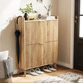 Fluted Shoe Cabinet Storage with 2 Flip Drawers, Wood Narrow Hidden Shoe Cabinet with Adjustable Shelf for Entryway, Freestanding Slim Shoe Rack Organizer for Foyer Hallway Living Room