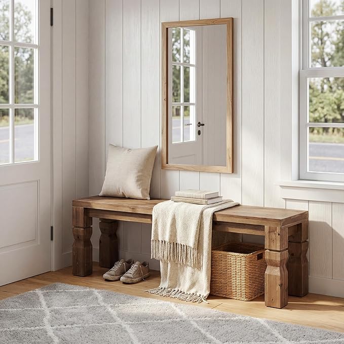 LITTLE TREE Solid Wood Bench, 55-Inch Long Farmhouse Wooden Bench Seat for Entryway, End of Bed, Dining Room, Living Room, Easy Assembly, Rustic Brown