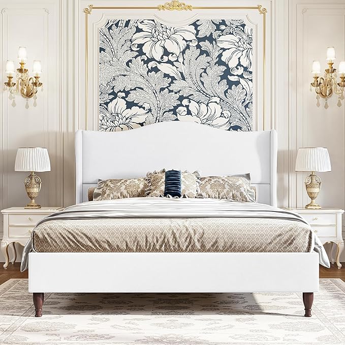 koorlian King Size Bed Frame with 51" Tall Headboard, Fully Upholstered Platform Bed Frame with with Soft Fabric, Sleigh Wingback, Solid Wood Retro Legs, Modern Minimalist Style, Easy Assembly, White
