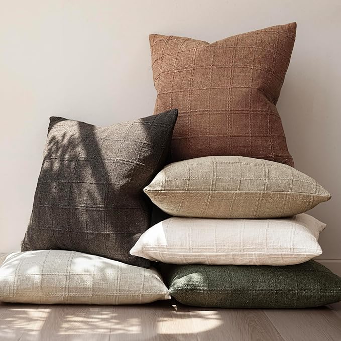 Foindtower Set of 2 Decorative Linen Check Throw Pillow Covers Neutral Farmhouse Lumbar Cushion Covers Modern Boho Home Decor for Sofa Chair Couch Bedroom Living Room,12×20 Inch,Dark Brown