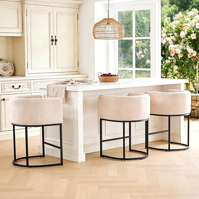 ClinQ 26" H Counter Height Bar Stools Set of 2, Modern Barrel Counter Stools with Backrest and Arms, Black Metal Frames, Linen Fabric Upholstered Accent Barstools for Kitchen Island,Linen Color