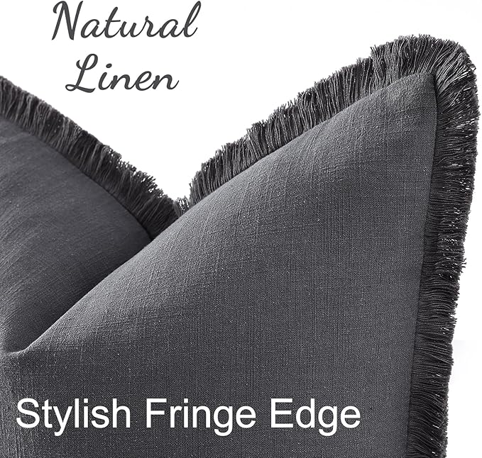 decorUhome Summer Decorative Neutral Linen Fringe Throw Pillow Covers Set of 2 Dark Grey Pillow Covers with Tassels Soft Farmhouse Boho Accent Pillow Cases for Couch Bed Sofa 20x20 Inch