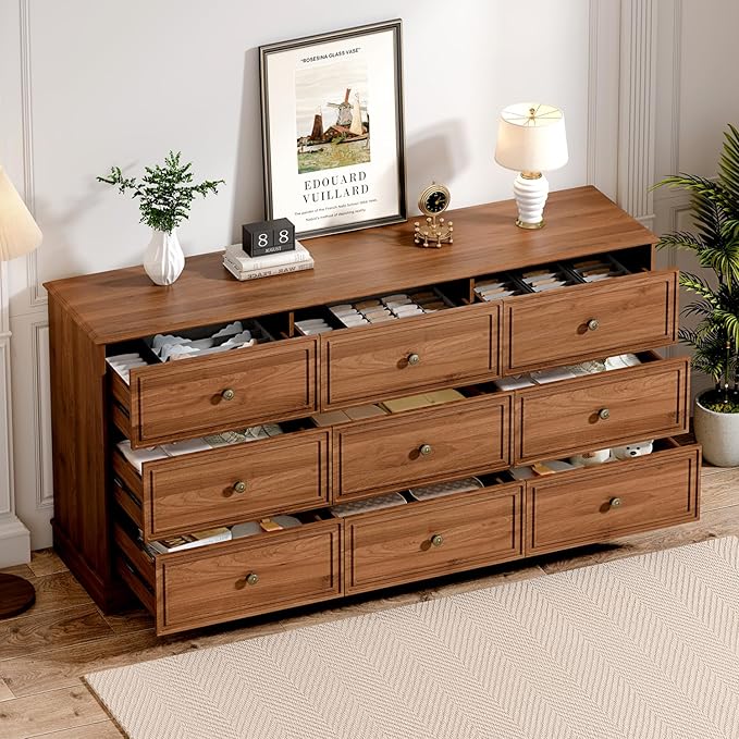 Chrangmay 9 Drawer Dresser,63" Wide Mid Century Chest of Drawers,Wooden Bedroom Drawer Dresser with 9 Storage Drawers for Bedroom,Living Room,with Anti-Tipping Device,Umber.