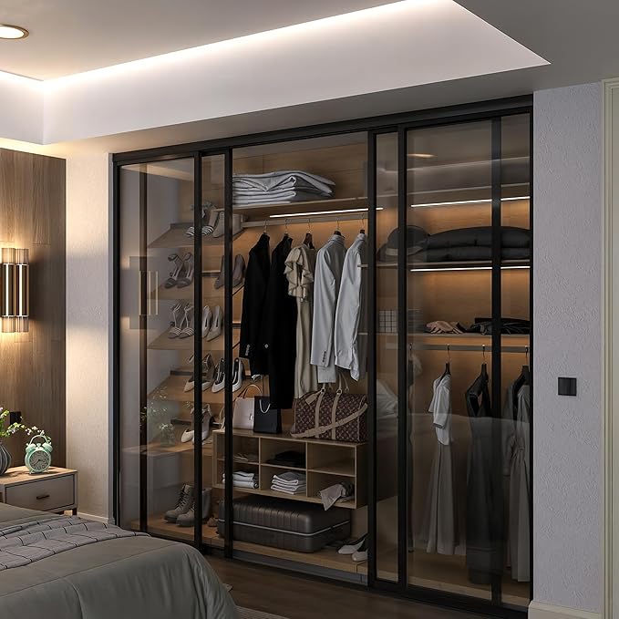 Door55 4 Panel Glass Sliding Closet Door with Aluminum Frame, Silent Glide Technology, Bedroom Closet Doors (Clear Glass, 120x80)
