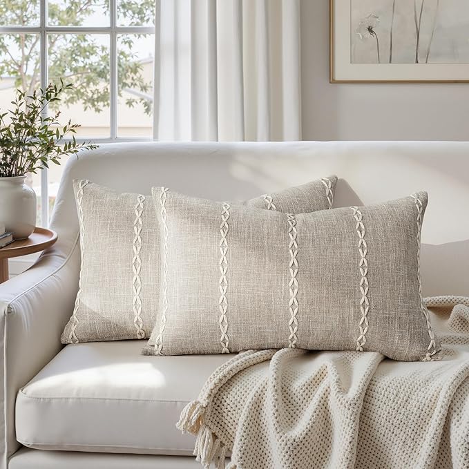 HOMEIDEAS Decorative Striped Throw Pillow Covers 20x12 Set of 2, Tan Farmhouse Pillow Covers, Neutral Faux Linen Cushion Covers for Couch Sofa Bed Home Decor