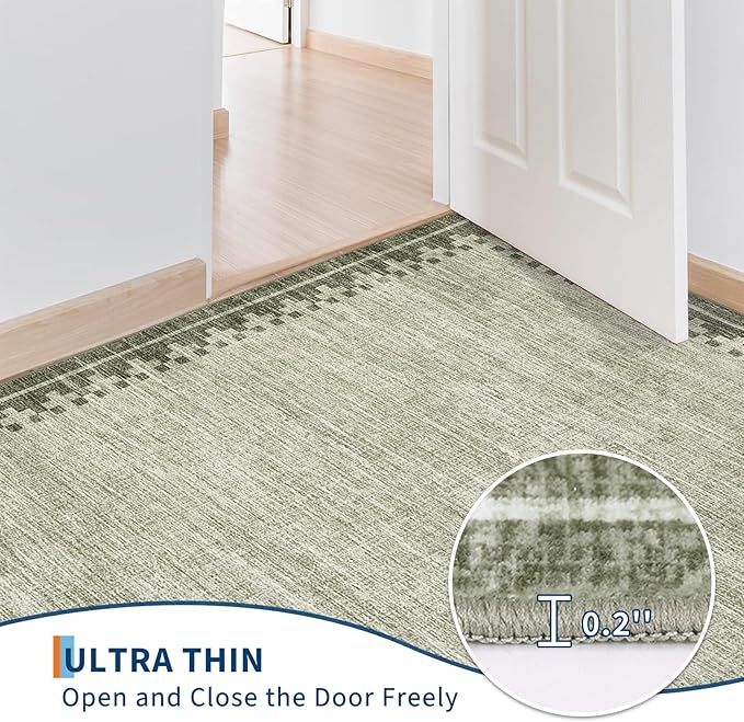 GarveeHome Modern10x13 Washable Bordered Area Rug for Living Room Bedroom Neutral Non Slip Stain Resistant Large Indoor Carpet Foldable Low Pile Dining Room Home Office Rugs, Green