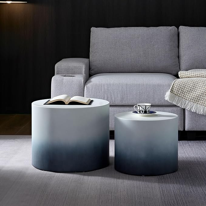 WILLIAMSPACE 18.9" Gradient Color Nesting Coffee Table Set of 2 for Living Room, Modern Round Coffee Tables Accent Circle Tea Table Set for Small Space, No Assembling, White + Blue