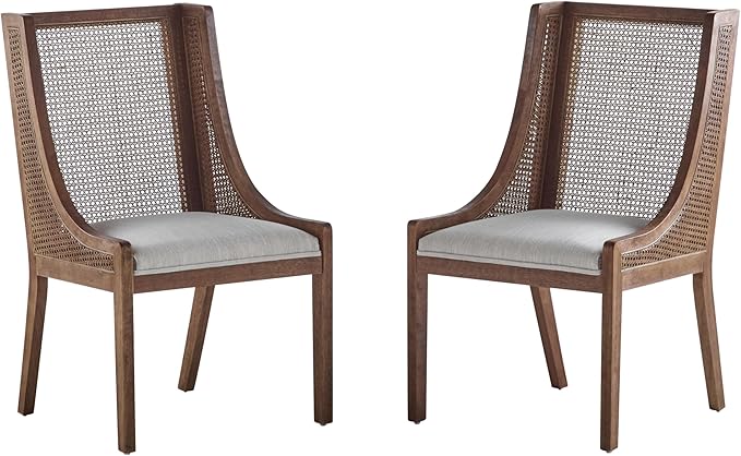 Christopher Knight Home Yone Dining Chairs Set of 2, Modern Dining Chair with Fabric Upholstery, Rubberwood Frame Kitchen Chairs with Cane Webbing, Extra Seat for Dining Room, Beige + Brown