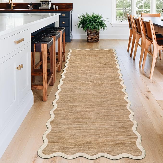 GarveeHome Scalloped Washable Runner Rug 2'6'' x 10' Runner Non Slip Kitchen Rugs Modern Entryway Rug Farmhouse Soft Bathroom Rugs Stain Resistant Carpet for Hallway Laundry Bedroom