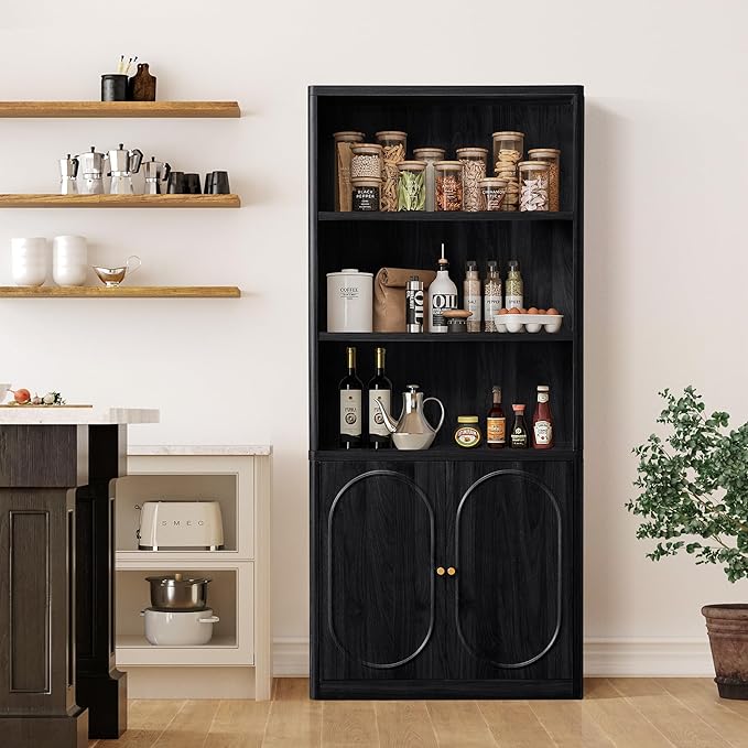ORRD 70.8" Tall Fluted Bookshelf with Storage Cabinet, Modern 5-Tier Wood Bookcase with Open Display Storage Shelf, Gold Handles for Office Living Room (Black)