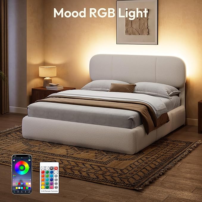 Full Size Bed Frame with Storage, Boucle Cloud Bed with 4 Locking Drawers & LED Lights, Modern Upholstered Platform Bed, Plush Sides & Footboard, Adjustable Headboard, No Box Spring, Cream