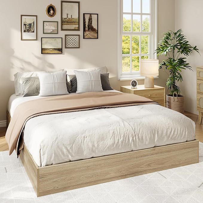 IDEALHOUSE Platform Bed Frame Queen Size,Wooden Slat Support,No Box Spring Needed, Easy Assembly, Natural