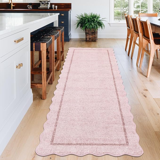 GarveeHome Scalloped Washable Runner Rug 2x6 Runner Non Slip Kitchen Rug Modern Pink Rug Entryway Rug Farmhouse Soft Bathroom Rugs Stain Resistant Carpet for Hallway Laundry Bedroom 2'x6' Pink