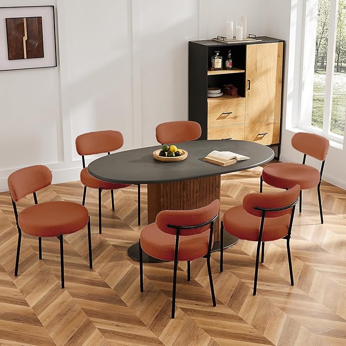 DUMOS Dining Chairs Set of 6, Mid Century Modern Chair Round Upholstered Curved Backrest, Kitchen Vanity Living Room Chairs with Black Metal Legs, Orange
