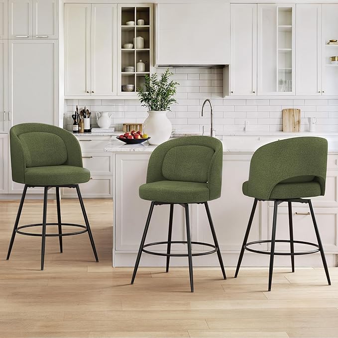 LUE BONA 26''H Swivel Bar Stools Set of 3, Counter Height Bar Stools with Backs, Lumbar Pillow and Black Metal Frames, Upholstered Morden Barstools for Kitchen Island, Chenille Farbic, Green