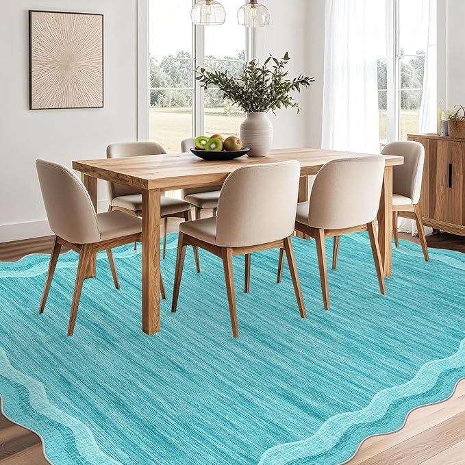 Garvee Scalloped 5x7 Rugs Washable Area Rugs for Living Room,Modern Stain Resistant Solid Rug for Bedroom Kids Room, Scalloped Low Pile Non-Slip Neutral Rug for Dining Room Home Office Dorm,Teal