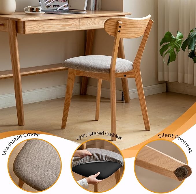 Modern Solid Wood Dining Chair Set of 4, Kitchen Dining Room Chair with Upholstered Cushion and Seat Cover, Curved Backrest, 100% FAS Grade North America Oak Wood, Natural