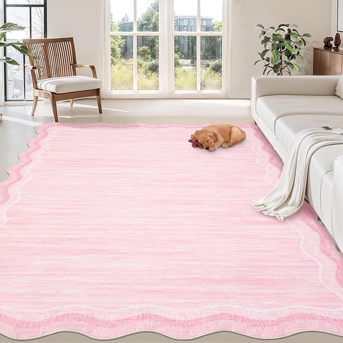 Garvee Scalloped 10x13 Area Rugs for Living Room Large Washable Rugs,Neutral Solid Rug Stain Resistant Non Slip Floor Mat Carpet Indoor Accent Rug for Bedroom Dining Room Playroom Home Decor,Pink