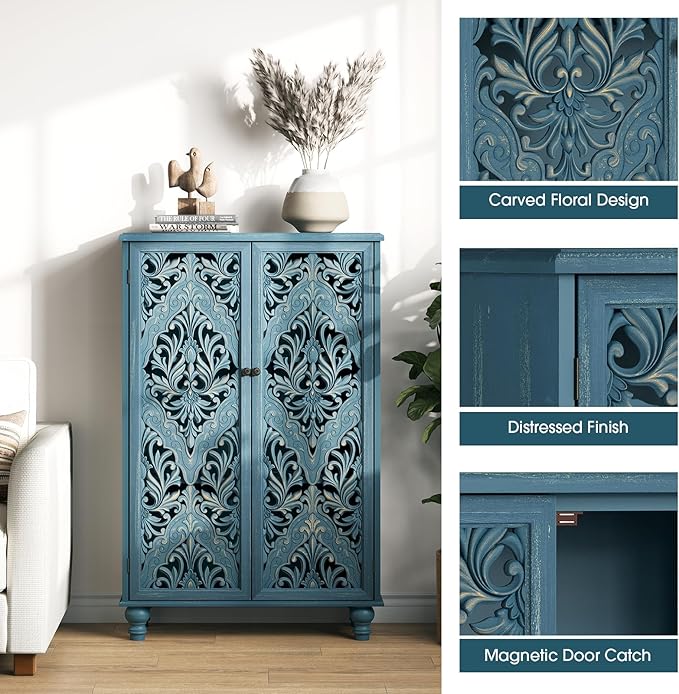 JOINICE 47" Tall Accent Cabinet with Navy Blue Mandala Carved Doors, Solid Wood Legs Storage Cabinet with 100 lbs Capacity, Boho Farmhouse Sideboard Buffet for Entryway, Living Room & Coffee Bar
