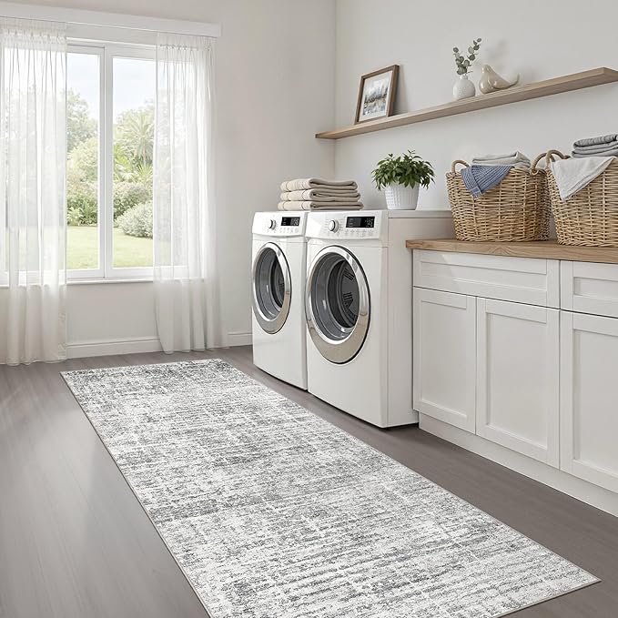 Runner Rug Non-Slip Kitchen Rug: 3x8 Washable Abstract Modern Soft Stain Resistant Indoor Floor Neutral Accent Throw Carpet for Hallway Bathroom Laundry Room Bedroom Entryway- Grey