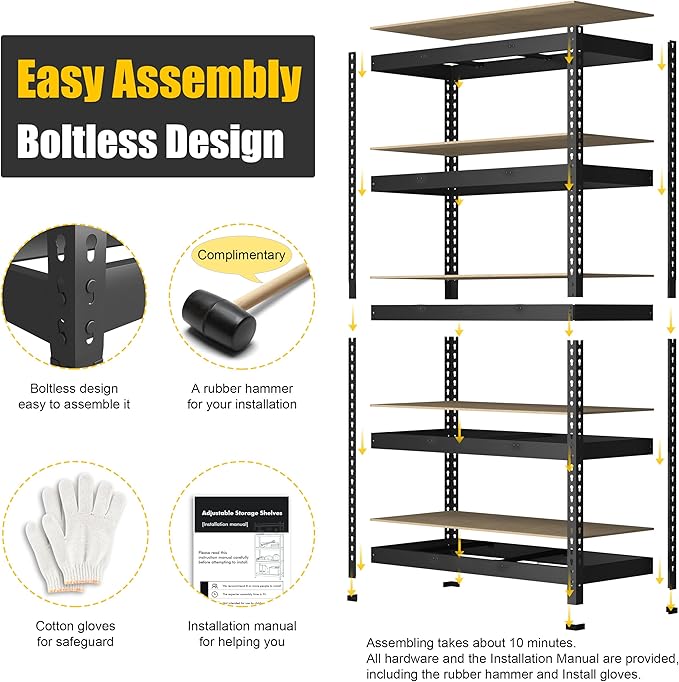 PrimeZone 4 Pack Storage Shelves 48" x 24" x 72", 5 Tier Adjustable Garage Storage Shelving, Heavy Duty Metal Storage Utility Rack Shelf Unit for Warehouse Pantry Closet Kitchen, Black