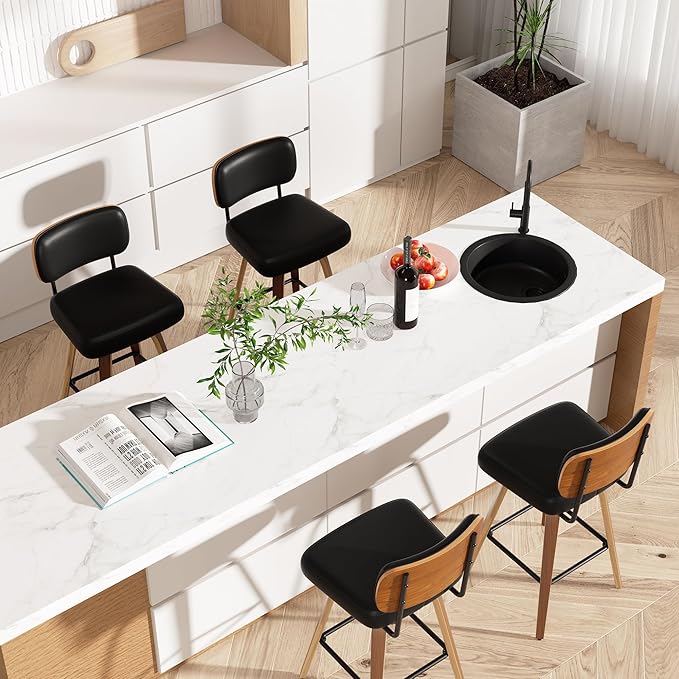 Swivel Bar Stools Set of 3, 26" Upholstered Faux Leather Counter Height Barstools with Walnut Back & Bentwood Legs, Mid Century Modern Bar Chairs Island Stools for Kitchen Counter, Black