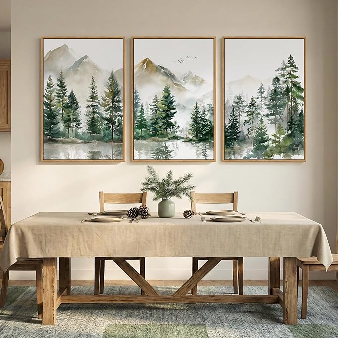 Framed Forest Mountain Landscape Wall Art for Living Room, 3 Piece Green Pine Tree Canvas Artwork for Walls, Large Watercolor Nature Foggy Scenic Painting Print for Bedroom Office Wall Decor, 24x36 In