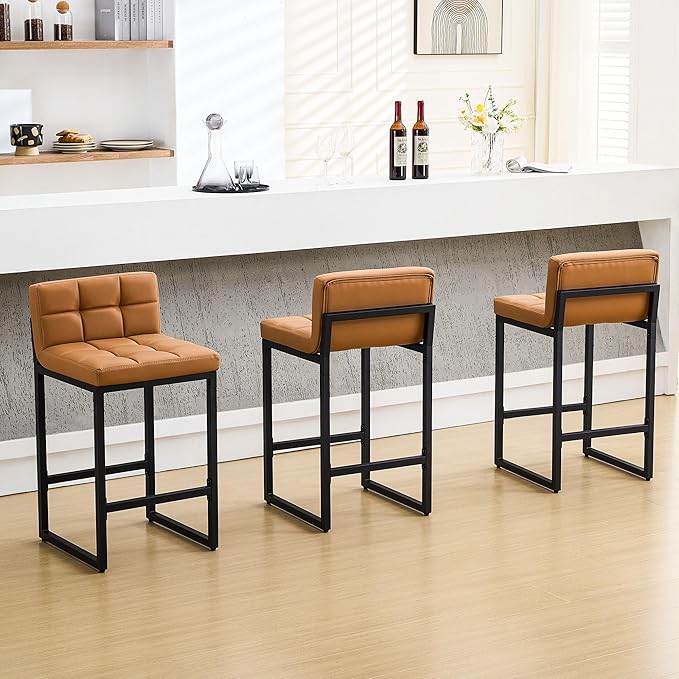 FIRAVOE Bar Stools Set of 3, Upholstered PU Leather Counter Height Barstools with Low Back and Thickened Metal Legs, Modern Island Chairs for Kitchen Island (Caramel Brown, 3Pcs 26" Counter Stools)