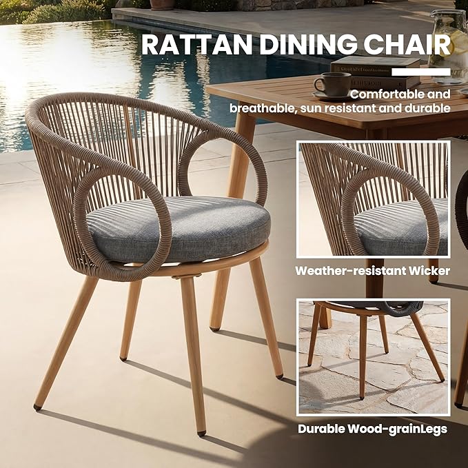Modern Outdoor Dining Chair Set of 2 with Cushion, Scandinavian Rope Woven Patio Armchairs, Wood-Look Metal Frame, Weather-Resistant Balcony Backyard Dining Seating, Brown